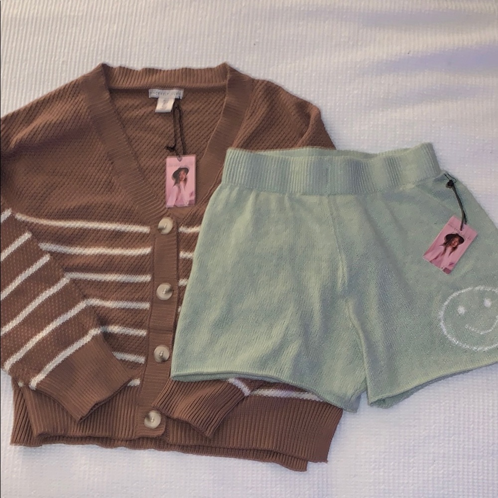 Brown Striped Cardigan and Green Shorts